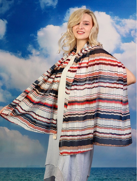 Multi-way Striped Patterned Chiffon Shawl W/ Button